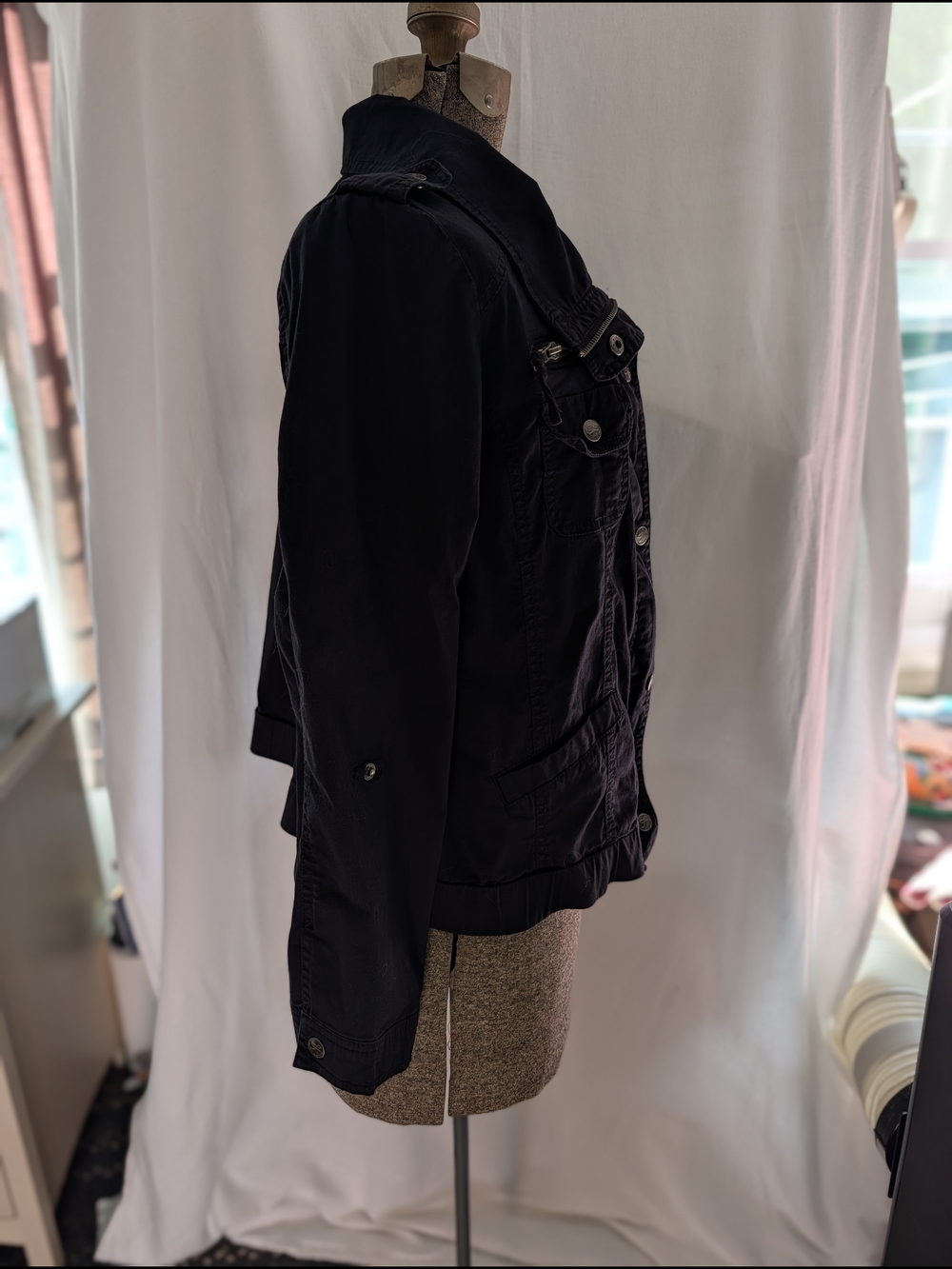 Women's Black Utility Jacket - Casual Field Coat - Picture 3 of 3